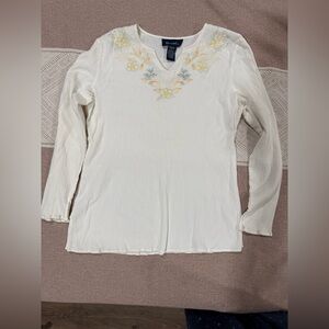 Denim&Co Cream Floral Embroidered Long Sleeve Top-#1191